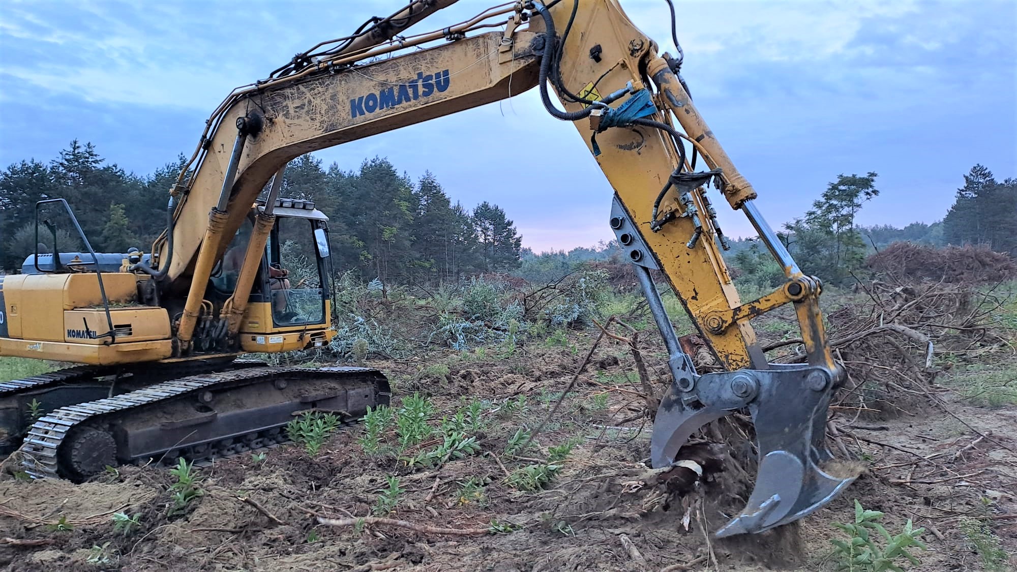 stump-splitter-3 A Komatsu excavator equipped with the Modularis Drive Tree Stump Splitter is actively engaged in land clearing. The powerful attachment is cutting through roots and breaking apart stumps in a rugged outdoor environment. The scene is set in a wooded area with disturbed soil and scattered branches.