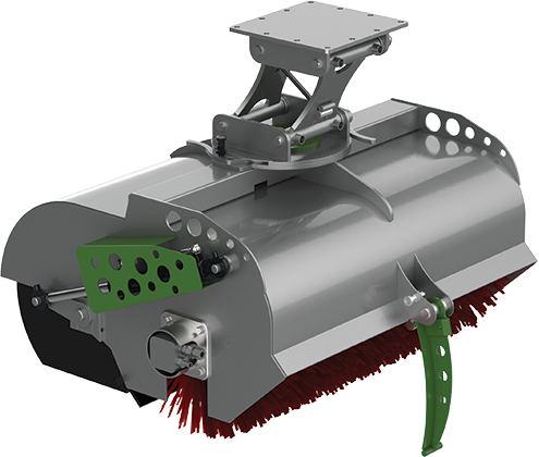 Excavator sweeper attachment with floating mounting system, designed for efficient cleaning and sweeping